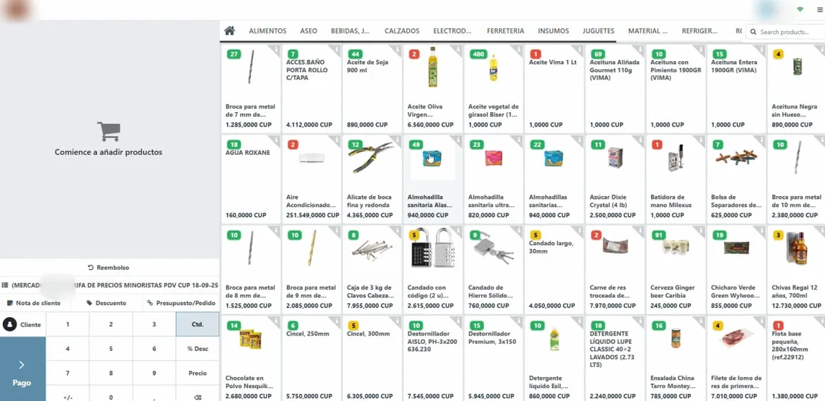 Punto de venta con la cantidad en existencia sobre cada producto