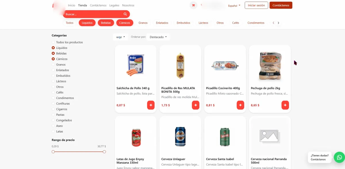 Tienda en línea con categorías de productos y filtro por precio